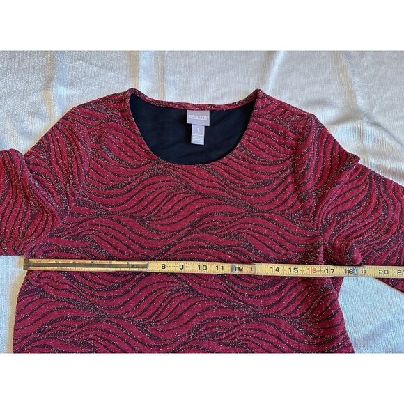 CHICO'S Womens Sz 1 Pull Over Sweater Red Glitter 3/4 Sleeve Leaf Floral Pattern - Picture 8 of 11
